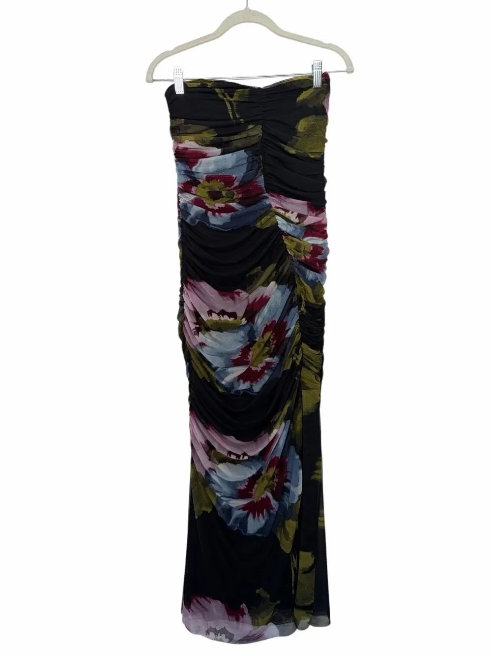 Abercrombie & Fitch Mesh Strapless Ruched Maxi Dress Black Floral Size M